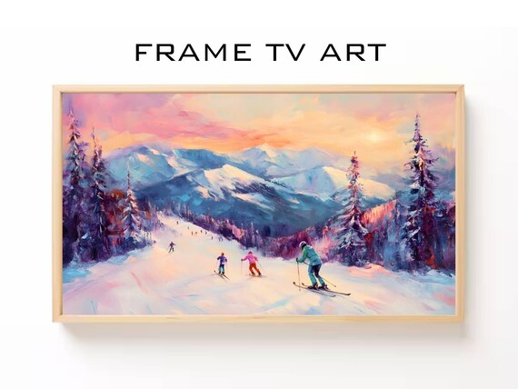 Colorful Skiers Snowy Mountain Sunset Slope Impressionist Winter Painting Art