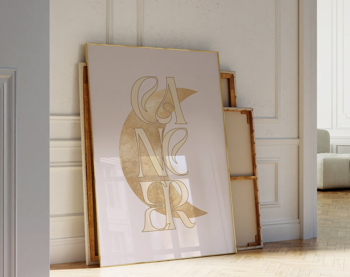 Cancer Gold Crescent Moon Art Nouveau Blush Pink Zodiac Typography Poster