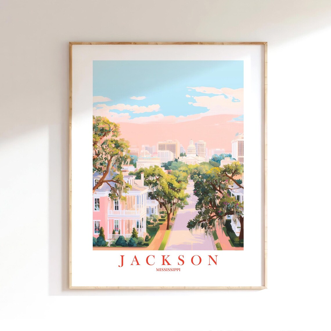 Jackson Mississippi Travel Poster Charming Southern Oak Street Scene