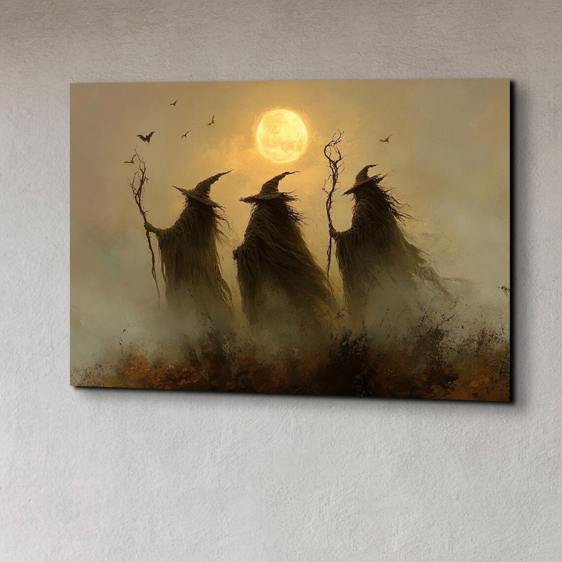 Three Witches in Tattered Cloaks Gathering Under a Glowing Harvest Moon Poster