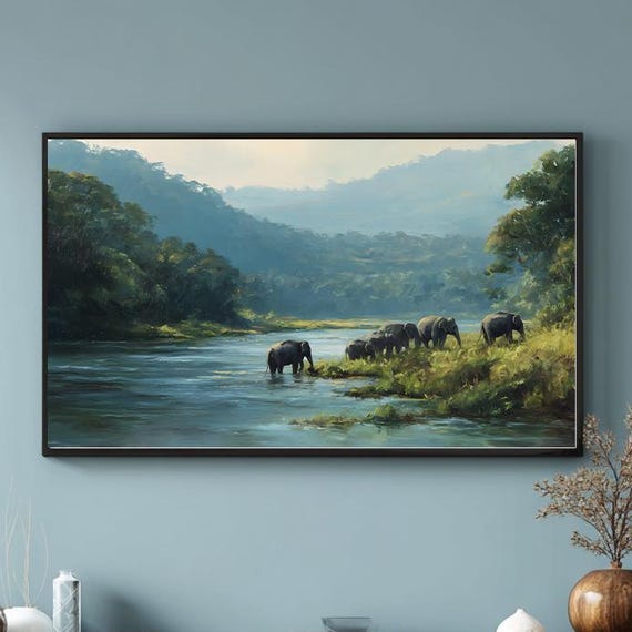 Elephant Herd Tv Art Jungle River Scene