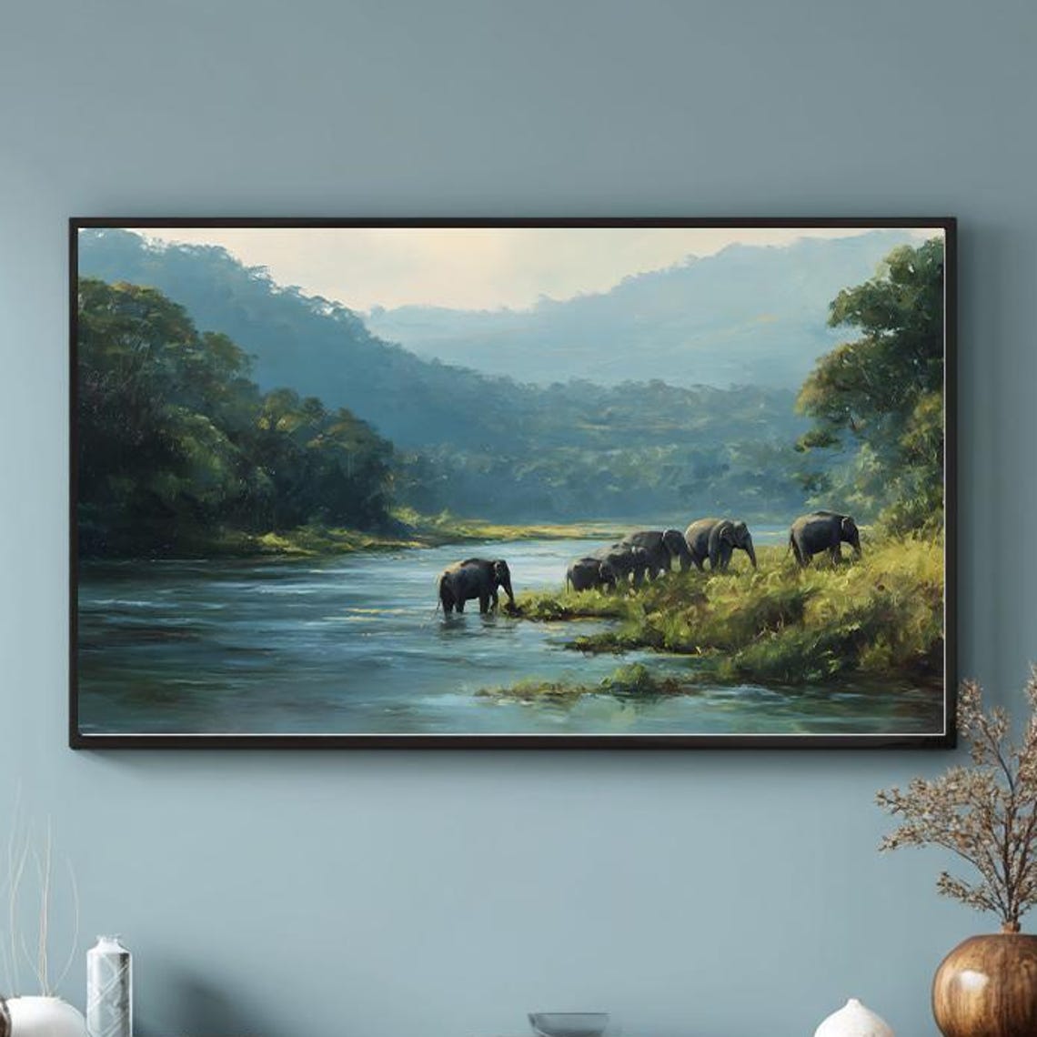 Elephant Herd Tv Art Jungle River Scene