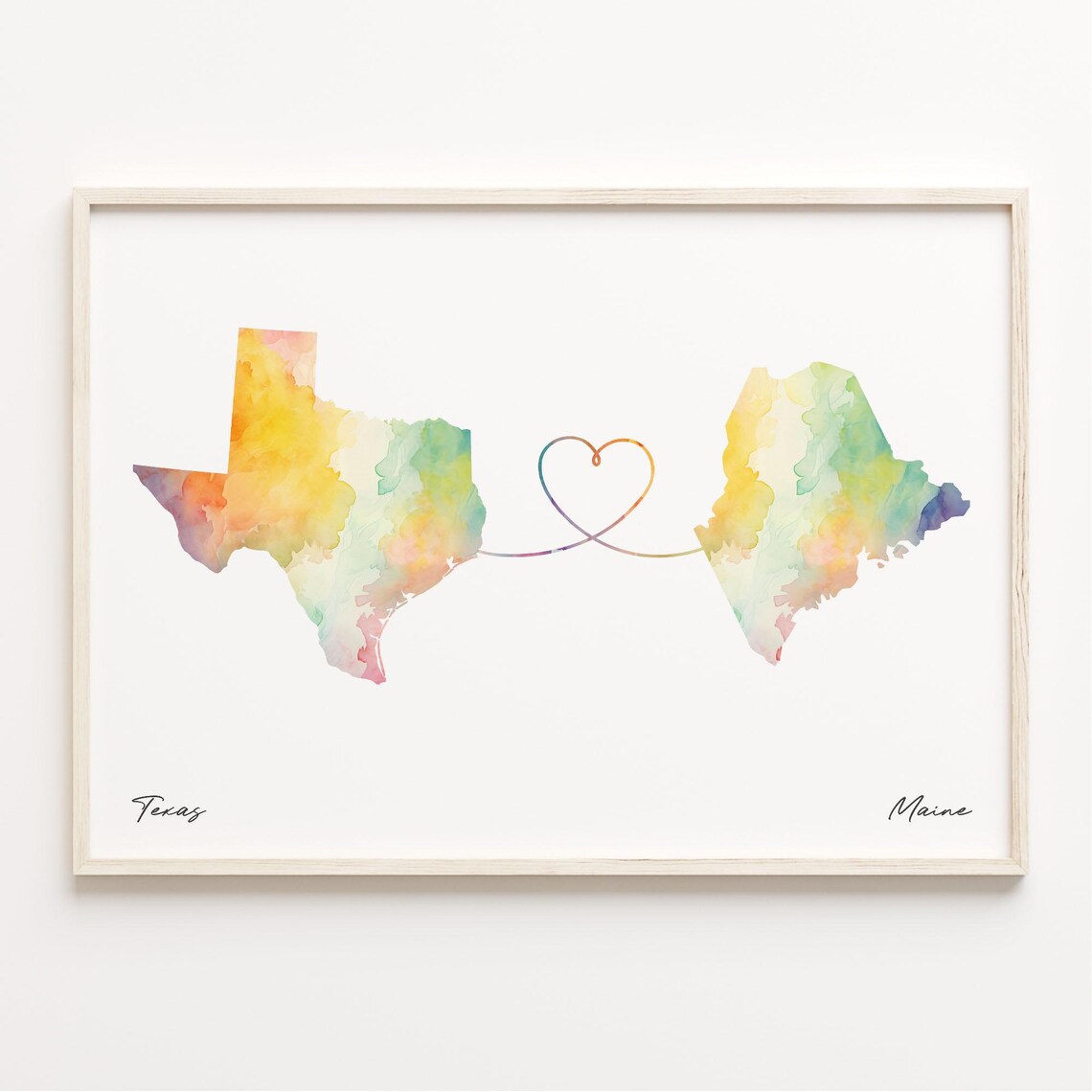 Texas to Maine Watercolor Map Long Distance Love Heart Print