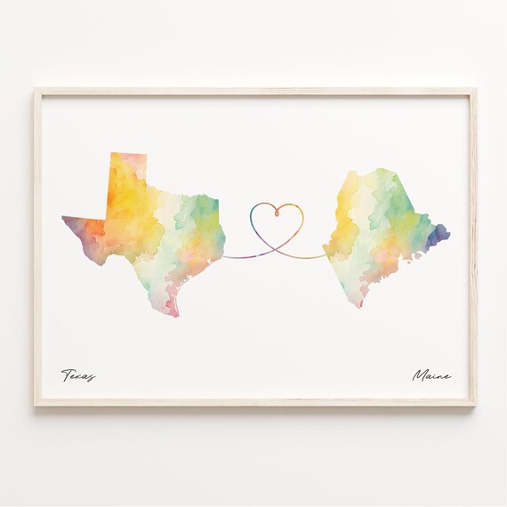 Texas to Maine Watercolor Map Long Distance Love Heart Print