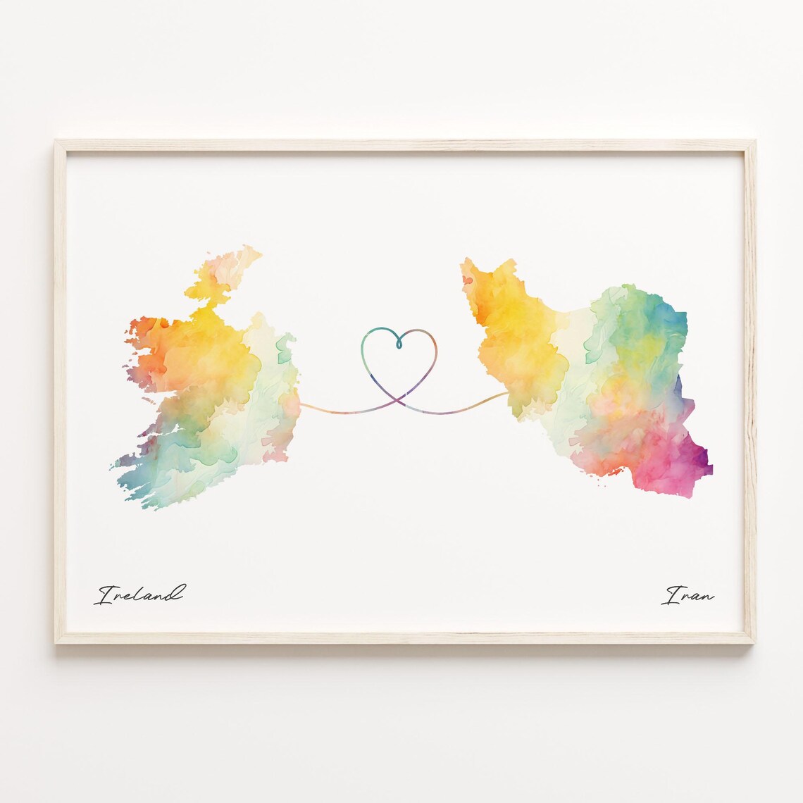 Ireland to Iran Watercolor Heart Map Long Distance Love Print
