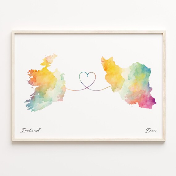 Ireland to Iran Watercolor Heart Map Long Distance Love Print