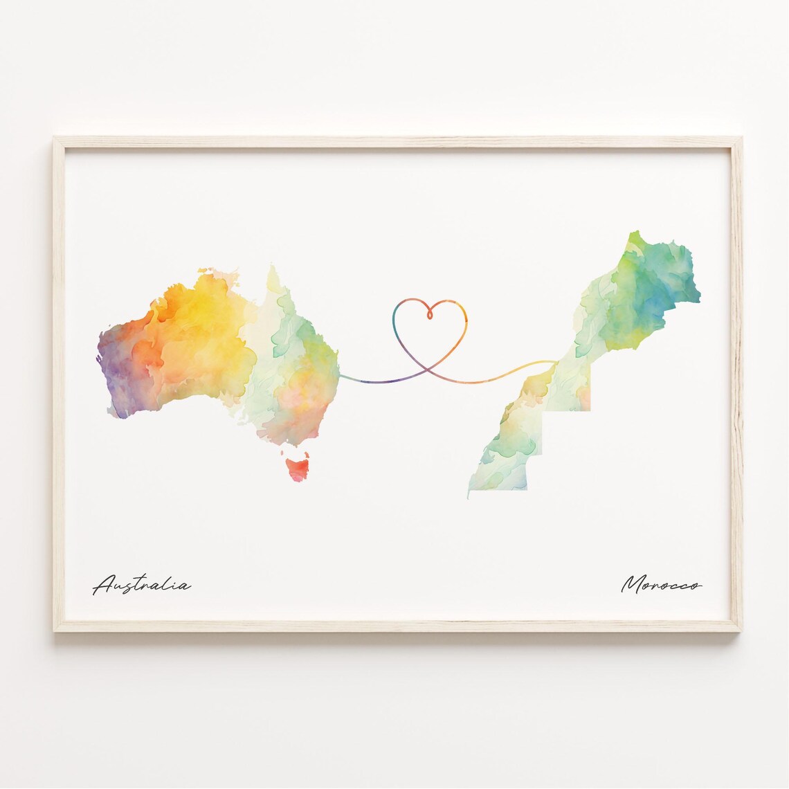 Australia to Morocco Watercolor Map Heart Connection Art Poster