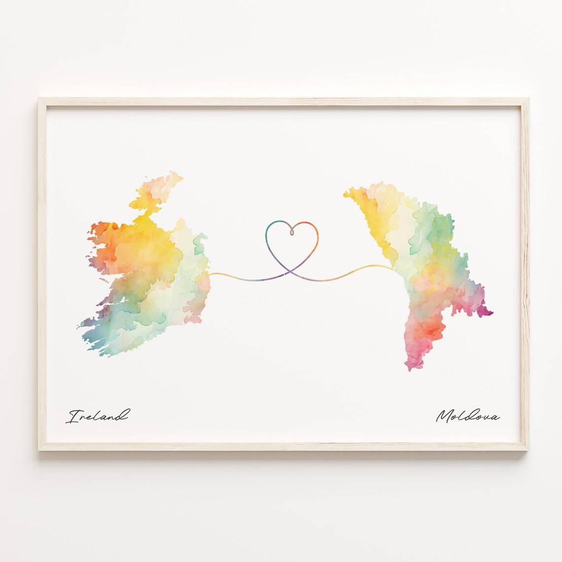 Ireland to Moldova Watercolor Heart Map Love Connection Poster