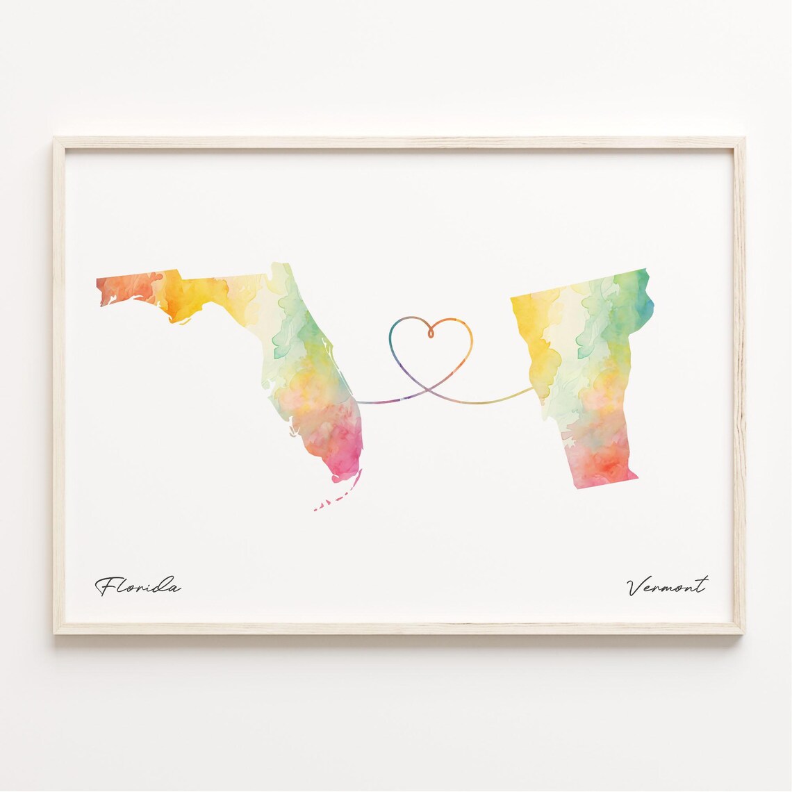 Florida To Vermont Watercolor Map Travel Poster