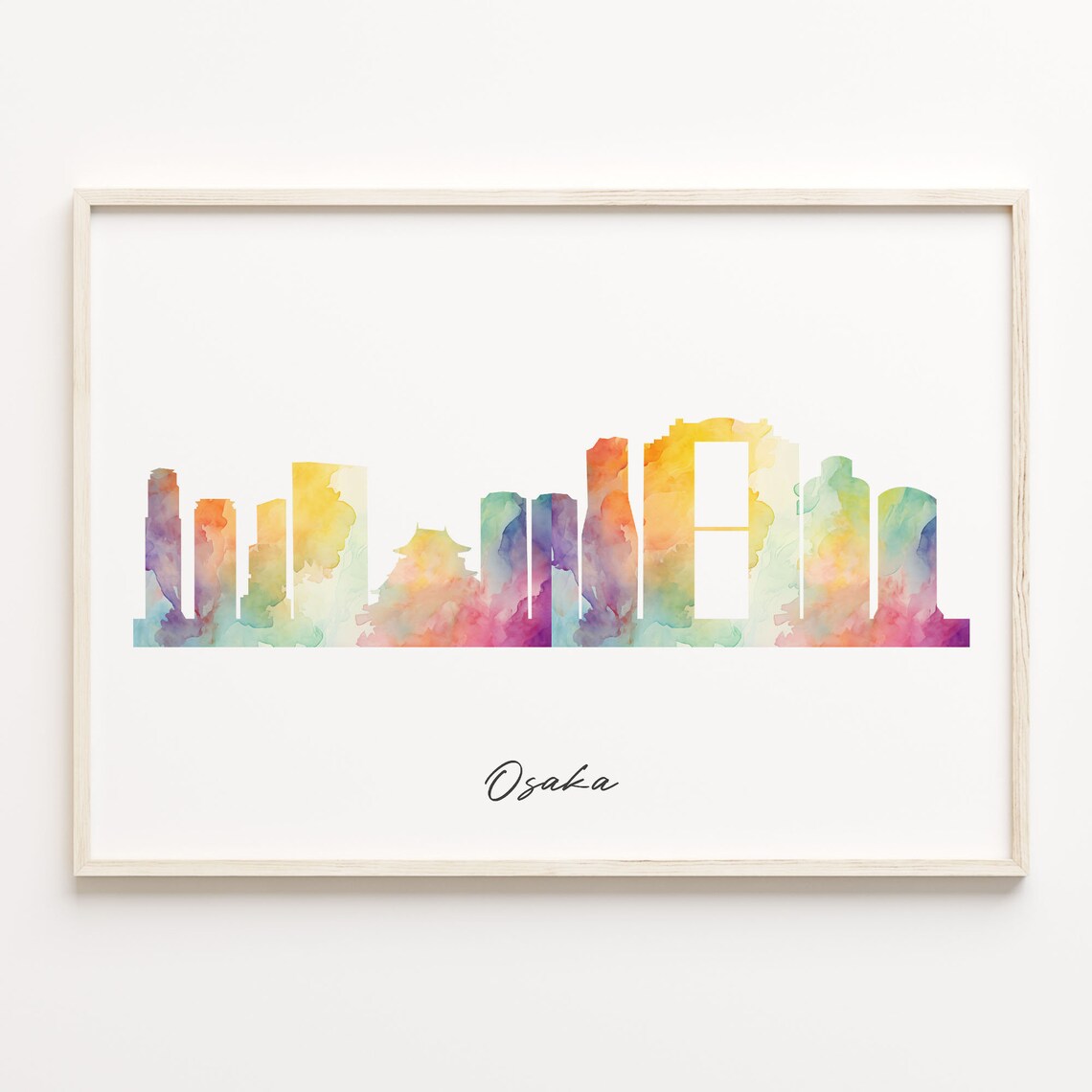 Osaka Japan Colorful Watercolor Skyline Cityscape Travel Poster