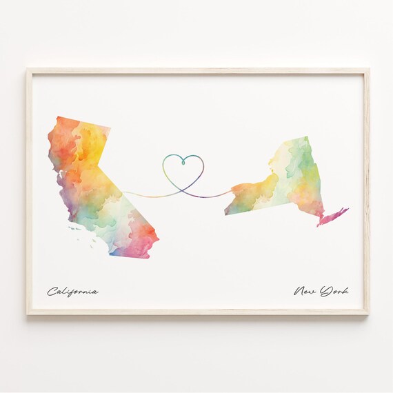 California to New York Watercolor Heart Connection Map Poster