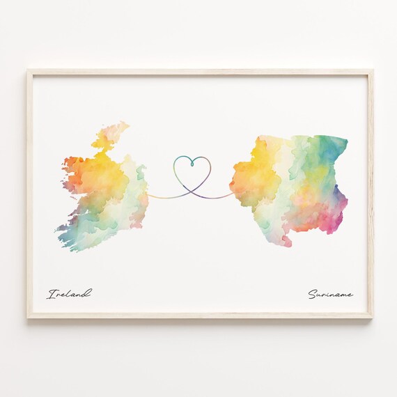 Ireland to Suriname Watercolor Heart Map Long Distance Love Print
