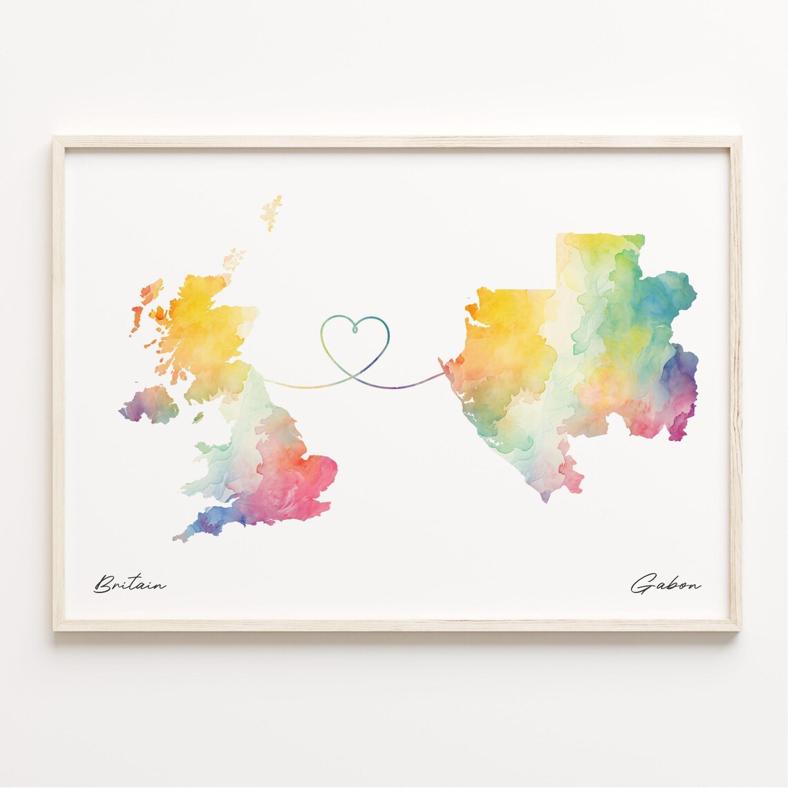 Britain to Gabon Watercolor Heart Long Distance Map Art Poster