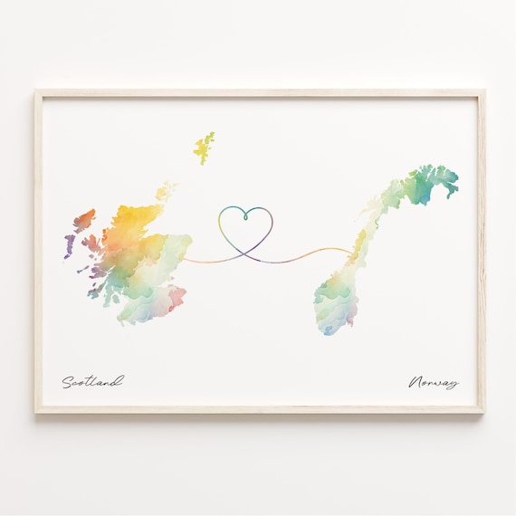Scotland to Norway Watercolor Map Heart Long Distance Love Poster