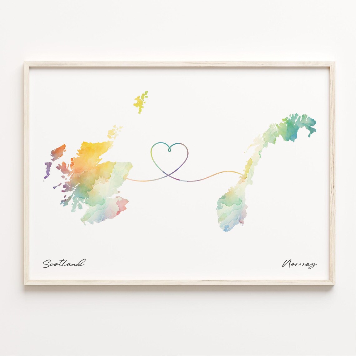 Scotland to Norway Watercolor Map Heart Long Distance Love Poster