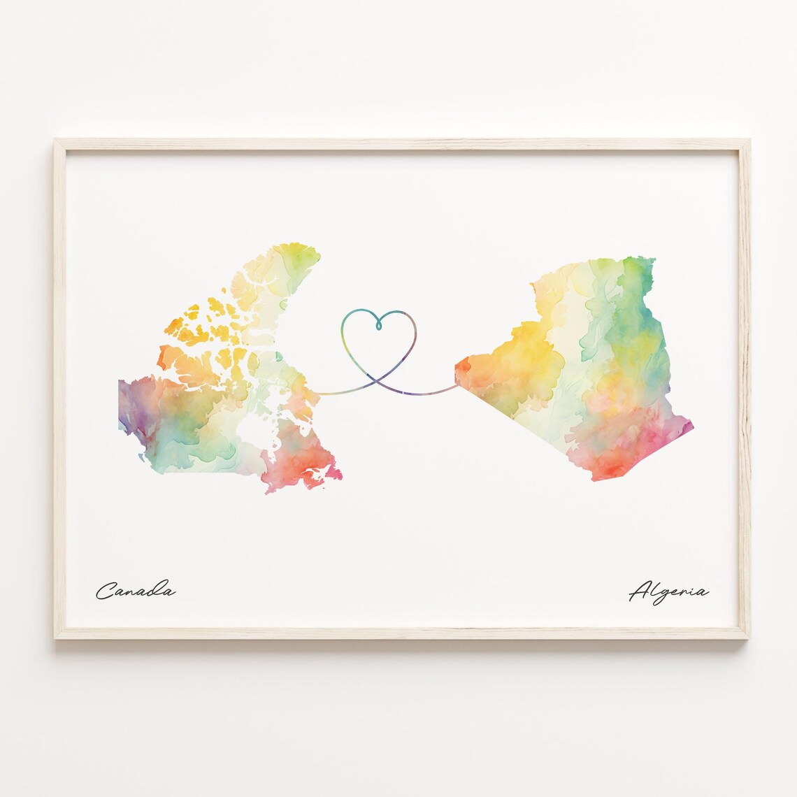 Canada to Algeria Watercolor Map Poster - Heart Line Long Distance Gift