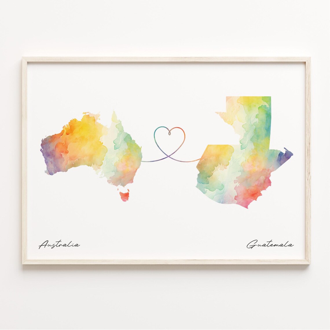 Australia To Guatemala Watercolor Heart Map Long Distance Love Poster