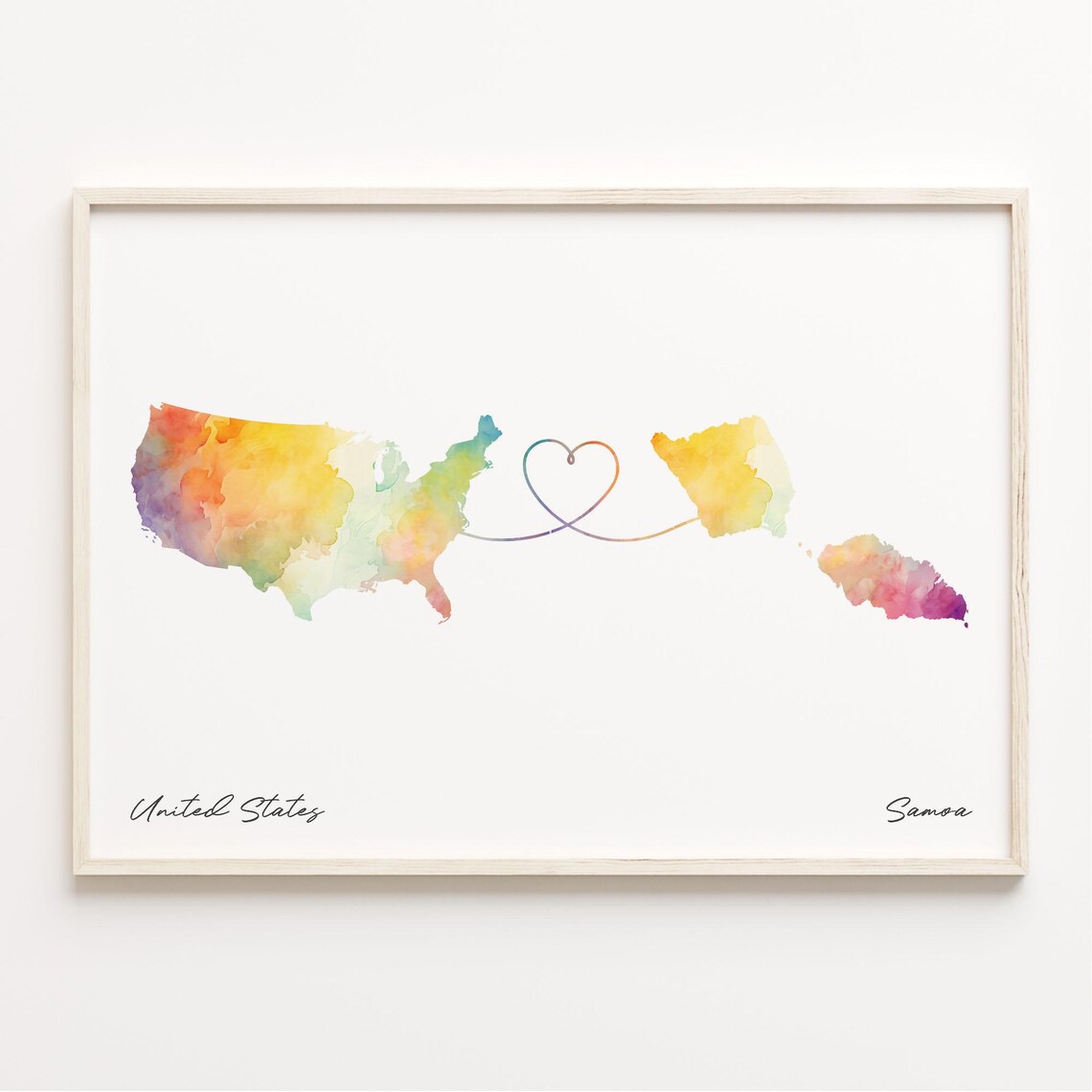 United States to Samoa Watercolor Map Heart Travel Art Poster