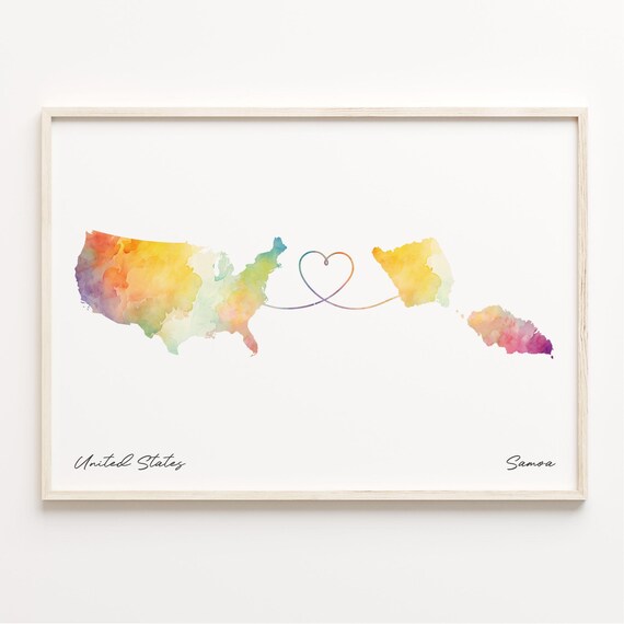 United States to Samoa Watercolor Map Heart Travel Art Poster