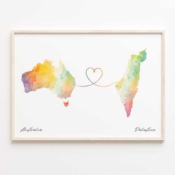 Australia To Palestine Watercolor Heart Map Long Distance Love Poster
