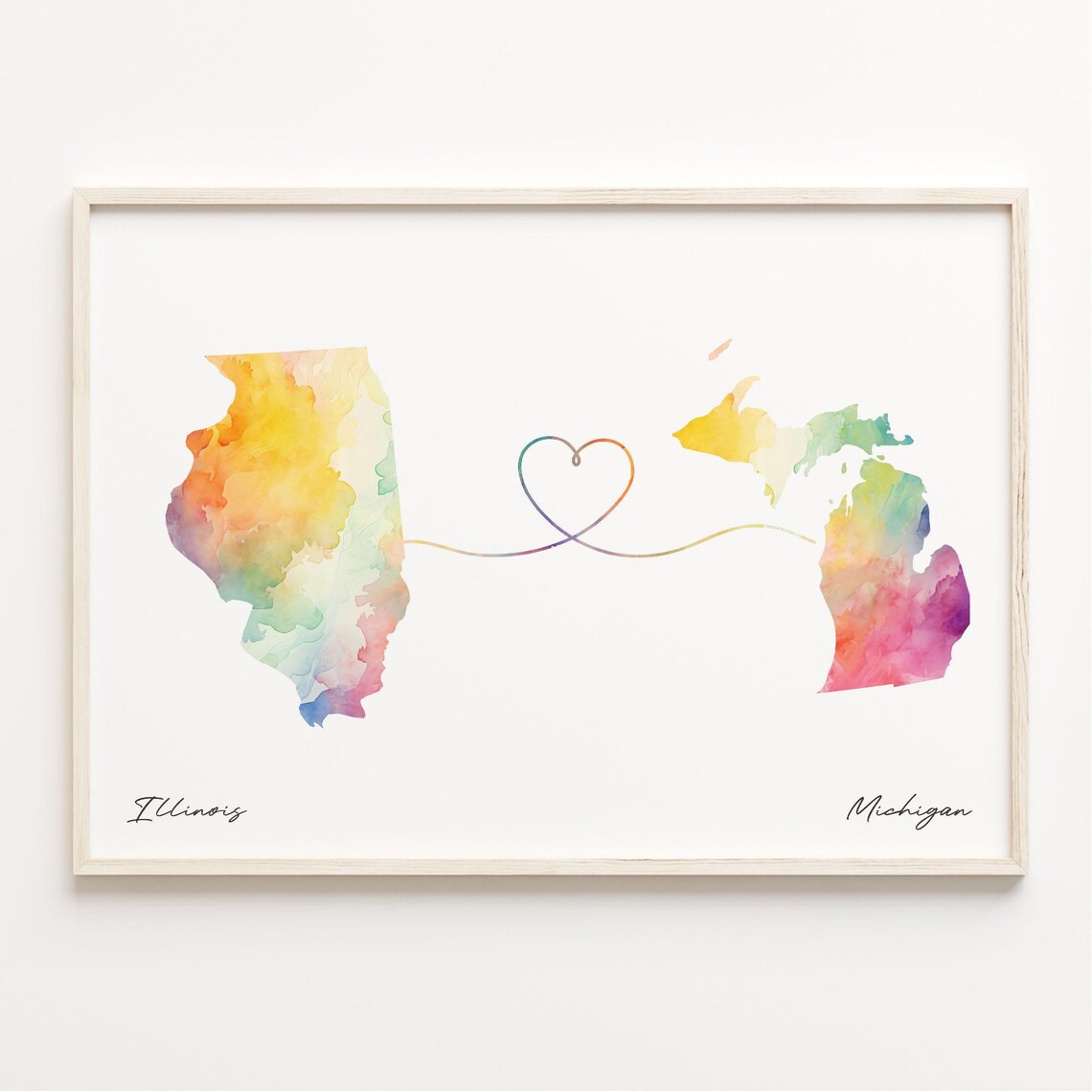 Illinois To Michigan Long Distance Love Watercolor Heart Map Poster