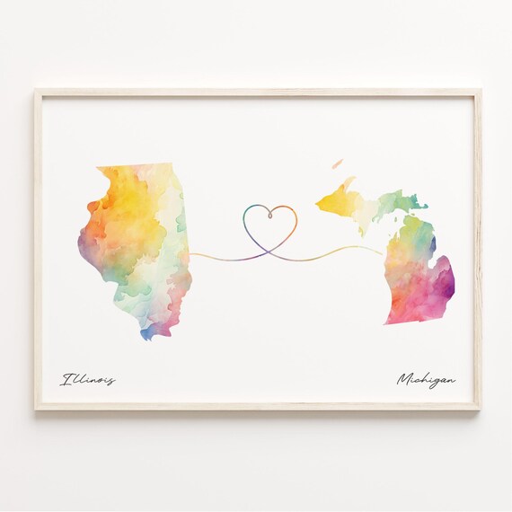 Illinois To Michigan Long Distance Love Watercolor Heart Map Poster