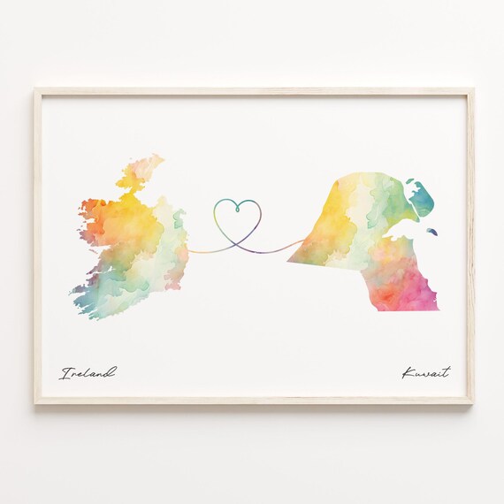 Ireland To Kuwait Watercolor Countries Heart Map Connection Art Print