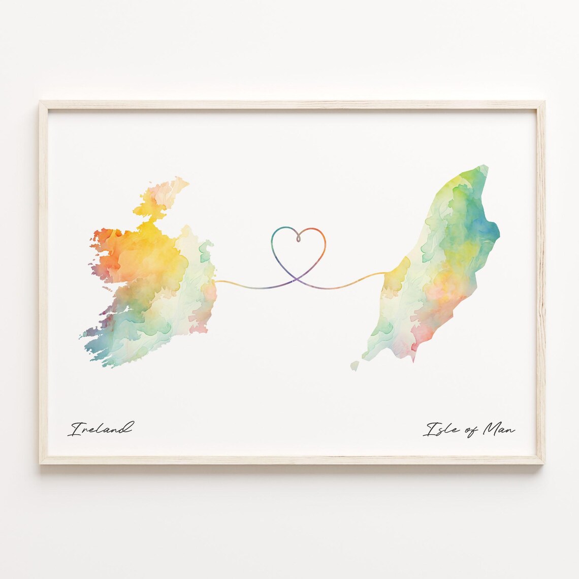 Ireland to Isle of Man Watercolor Map Heart Connection Travel Poster