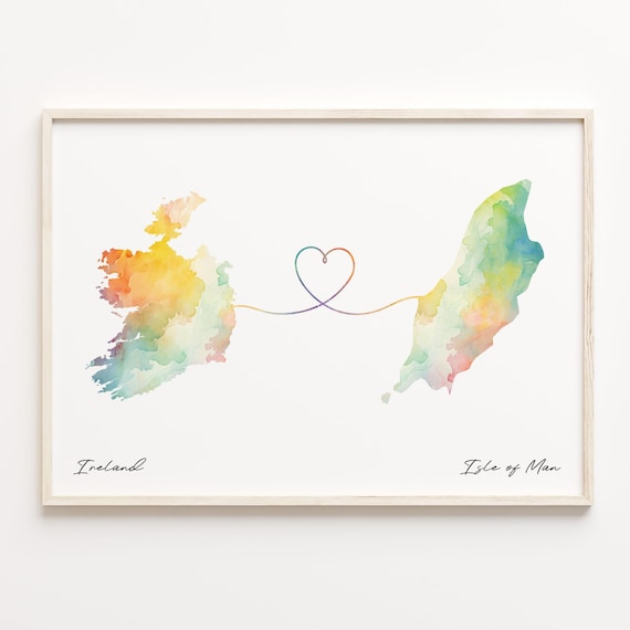Ireland to Isle of Man Watercolor Map Heart Connection Travel Poster
