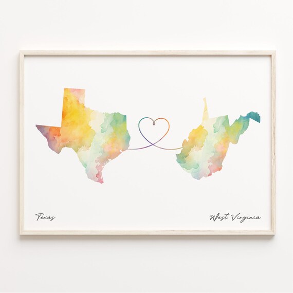 Texas to West Virginia Watercolor Heart Connection Map Poster