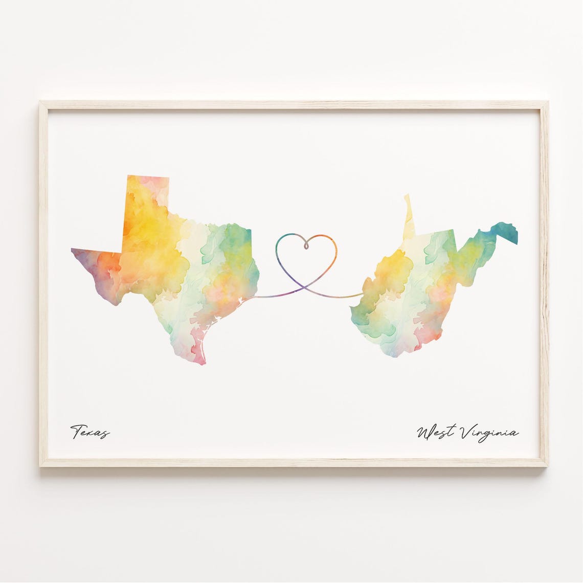 Texas to West Virginia Watercolor Heart Connection Map Poster