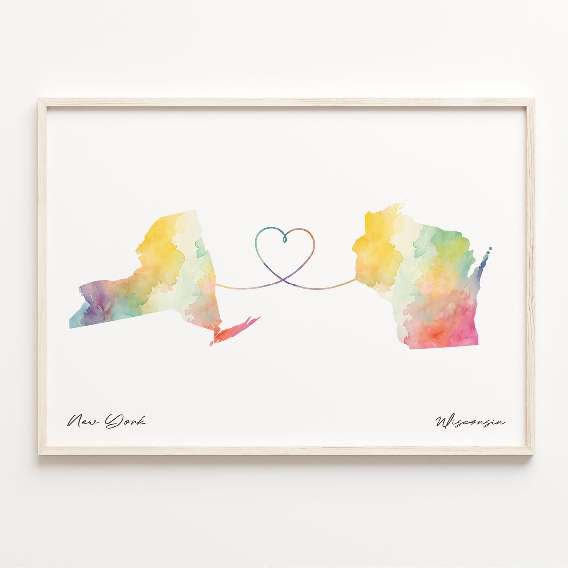 New York To Wisconsin Watercolor Map Heart Connection Poster