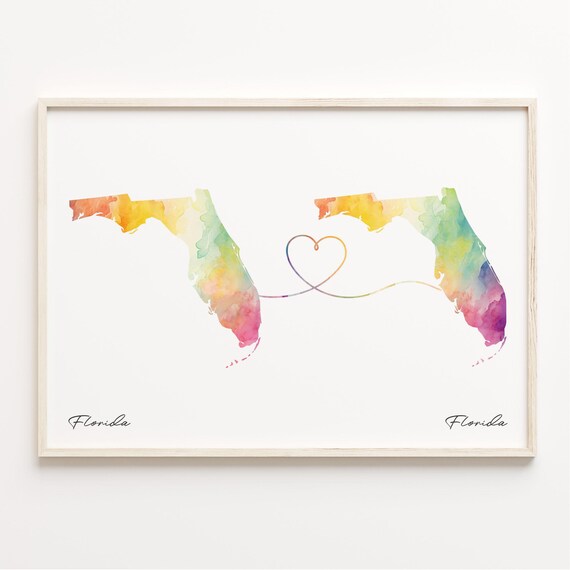 Florida To Florida Watercolor Map Poster With Double Rainbow Heart