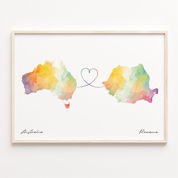 Australia To Romania Watercolor Heart Map Long Distance Love Poster
