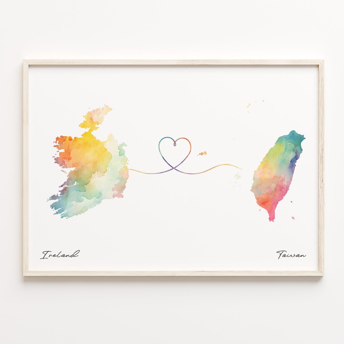 Ireland To Taiwan Watercolor Maps Joined By Heart Line Art Print