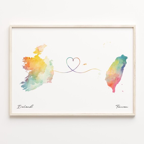 Ireland To Taiwan Watercolor Maps Joined By Heart Line Art Print
