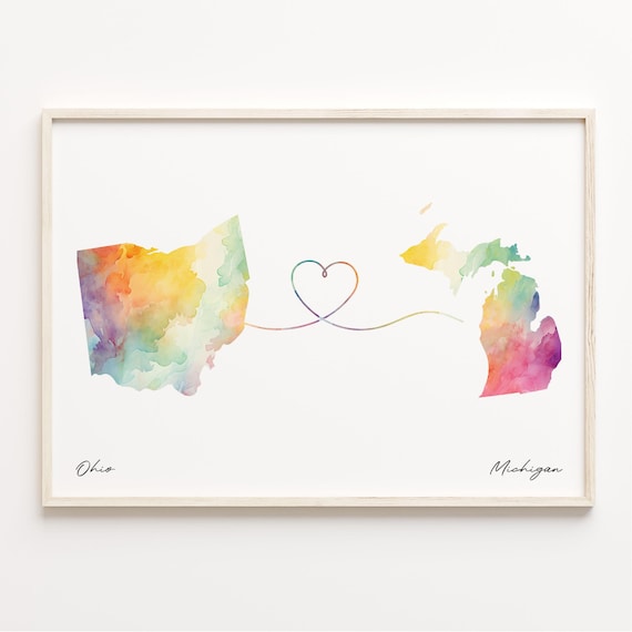 Ohio To Michigan Watercolor Map Heart Connection Long Distance Love Print