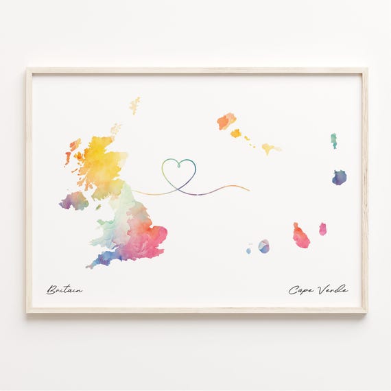 UK to Cape Verde Watercolor Map Travel Poster