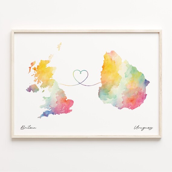 Britain to Uruguay Watercolor Map with Heart Connection Poster