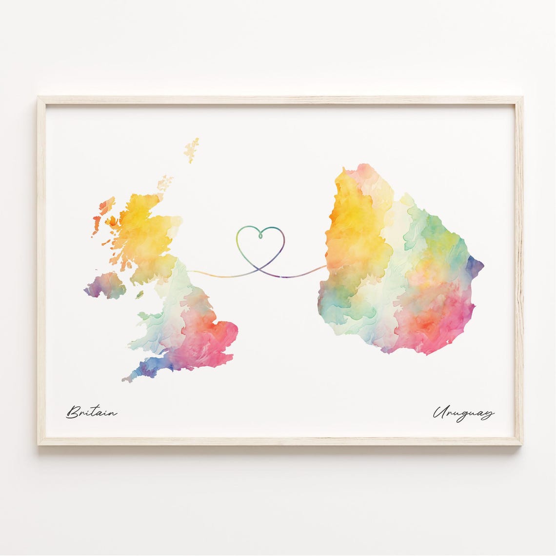 Britain to Uruguay Watercolor Map with Heart Connection Poster
