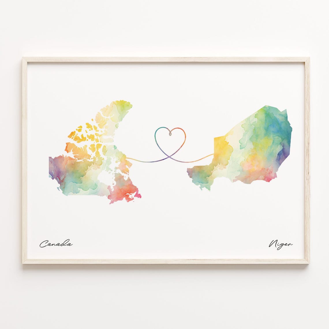 Canada to Niger Watercolor Map Heart Connection Gift Wall Poster
