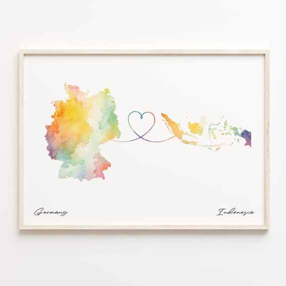 Germany To Indonesia Long Distance Love Heart Connection Map Poster