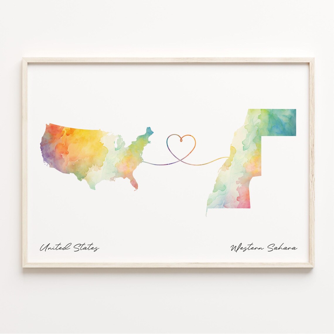 United States To Western Sahara Watercolor Heart Connection Map Poster