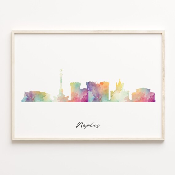 Naples Italy Colorful Watercolor Skyline Cityscape Travel Poster