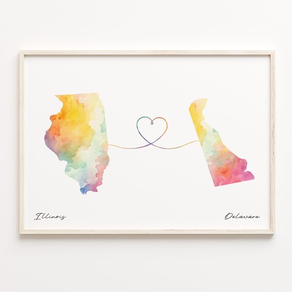 Illinois To Delaware Watercolor State Map Heart Connection Art Poster