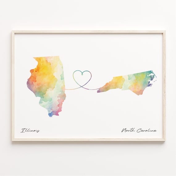 Illinois To North Carolina Watercolor Map Travel Poster