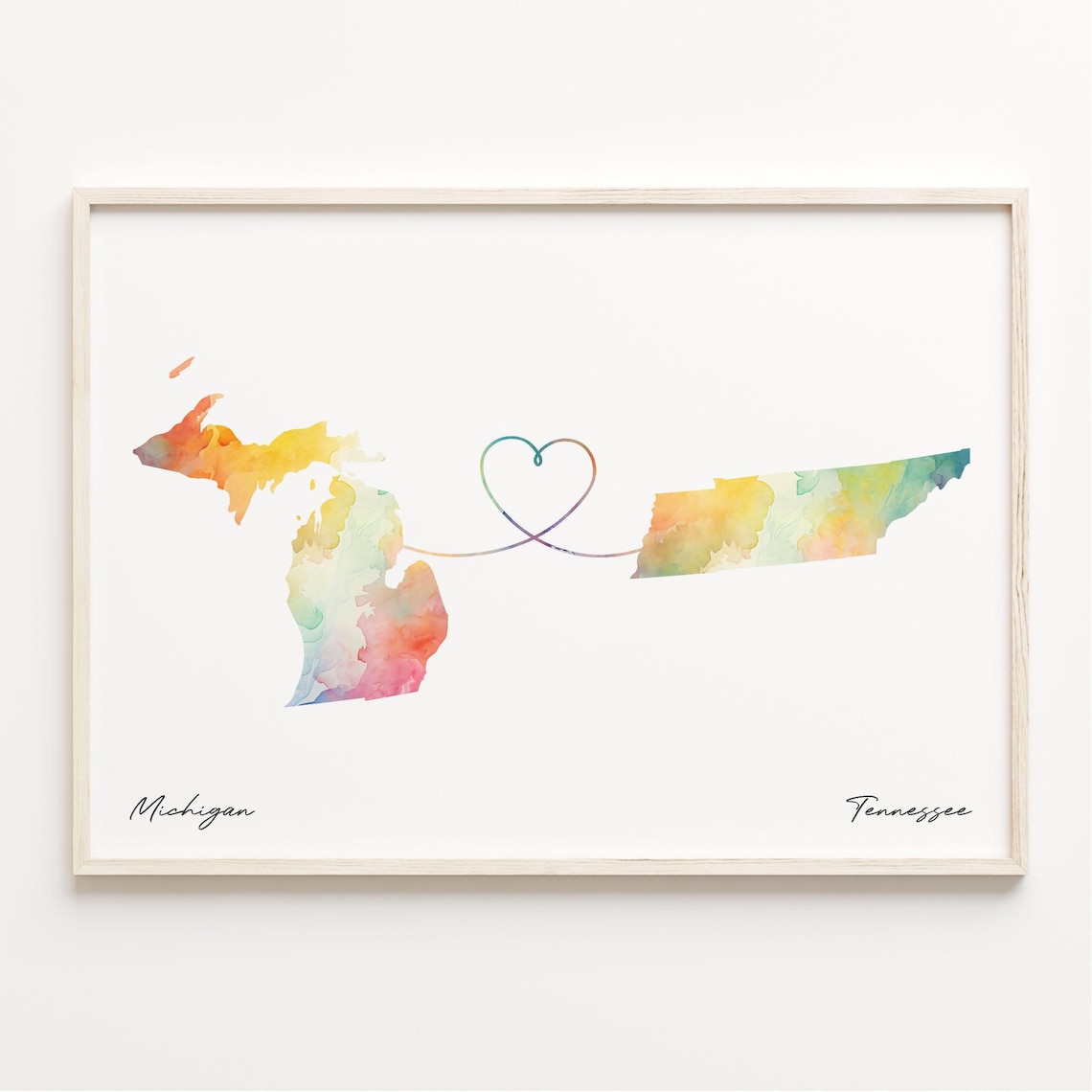 Michigan To Tennessee Watercolor Heart Map Long Distance Love Poster