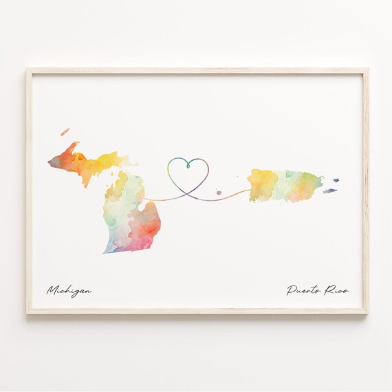 Michigan To Puerto Rico Watercolor Map Heart Love Gift Print