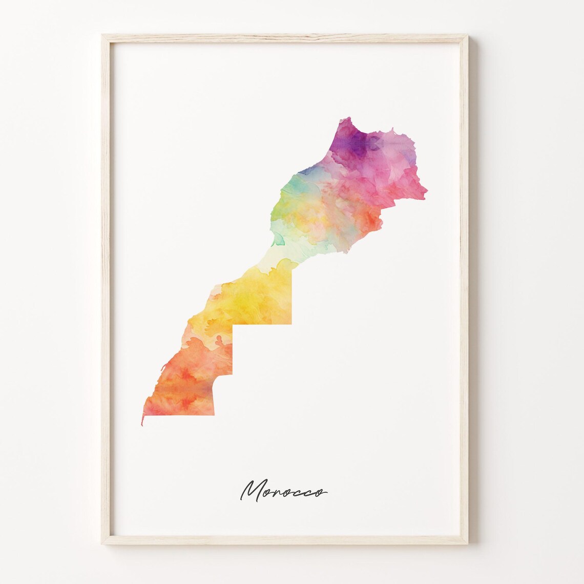 Morocco Watercolor Map Art Print, Vibrant Travel Poster