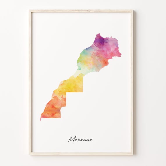 Morocco Watercolor Map Art Print, Vibrant Travel Poster